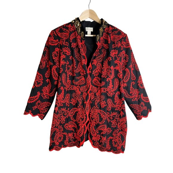 Chico’s Size 2 US 12 L Red Embroidered Paisley Sequin Jacket Blazer Boho Dress - Picture 7 of 7